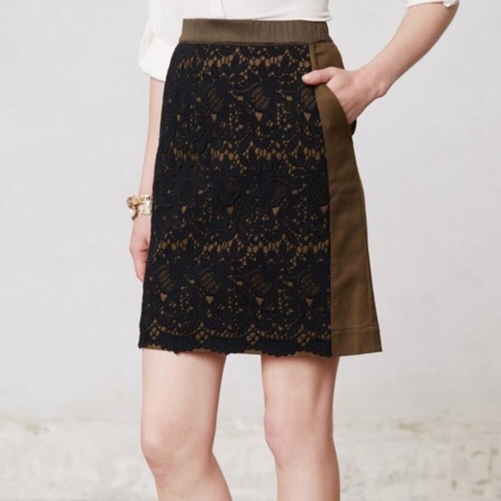 Anthropologie MAEVE Sz 6 Pencil Skirt Lace Overlay Black Olive Green Cotton